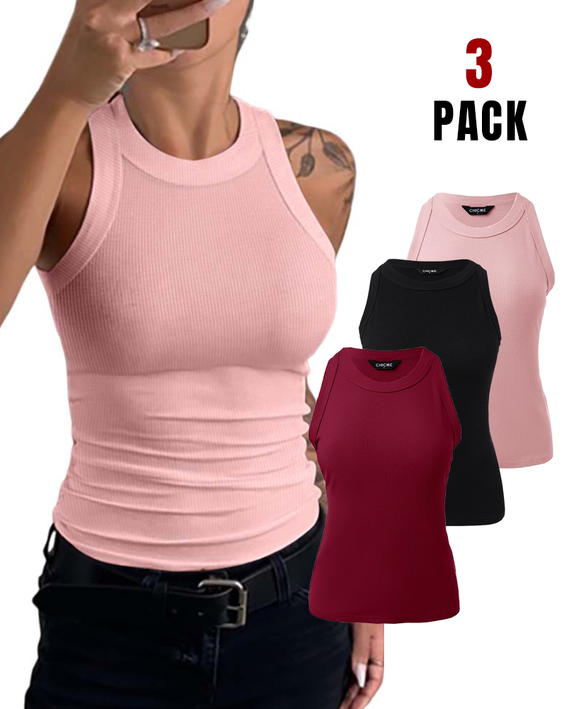 3-Pack Knit Round Neck Thick Strap Racerback Tank Tops(Without Pads)