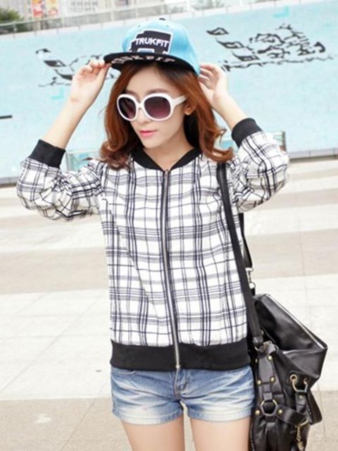 Women's Korean Style Stripes Plaid Print Short Coat Zipper Long Sleeve Baseball Jacket Unifroms