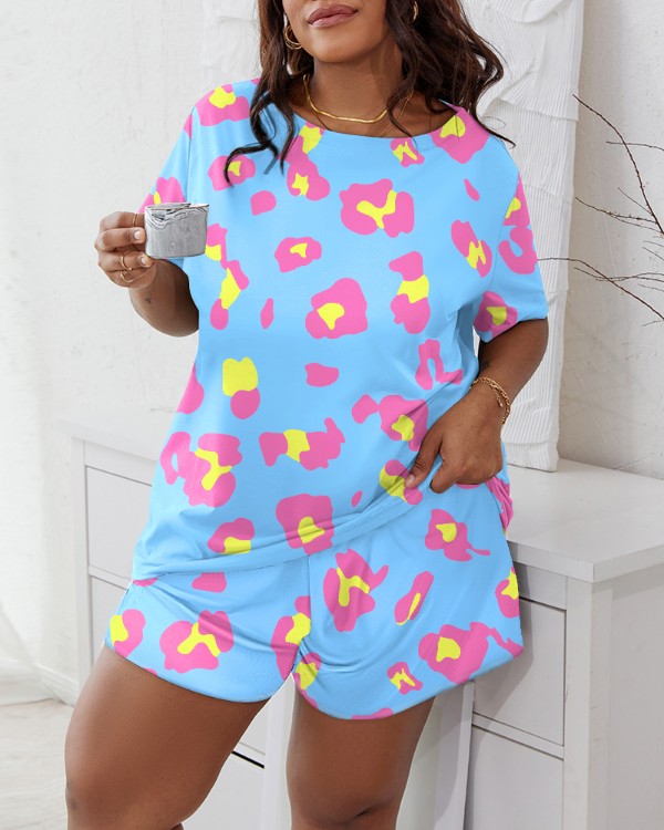 Plus Size Pink Leopard Print Pajamas Set