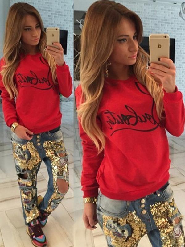 Seksikkäät naiset Letter Print Pitkähihaiset Slim Fit puuvillapaidat Villapaidat Naisten syksyn collegepaita