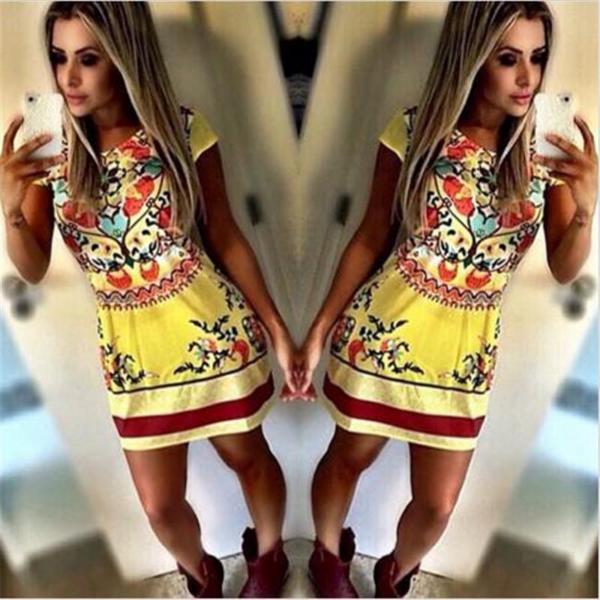 Naisten seksikäs kukkapainatus keltainen lyhythihainen minimekko