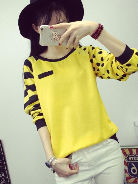 Mode Höst Kvinnor Polka Dot &amp; Stripes Bodycon Plus Size Sweatshirt Trendiga Casual O-ringa Lösa toppar och T-shirts