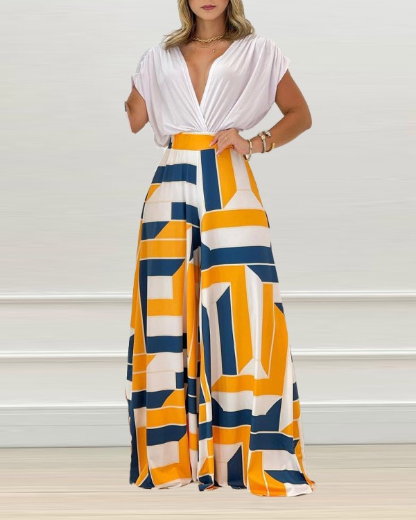 Deep V-Neck Top & Geo Print Wide Leg Pants Set