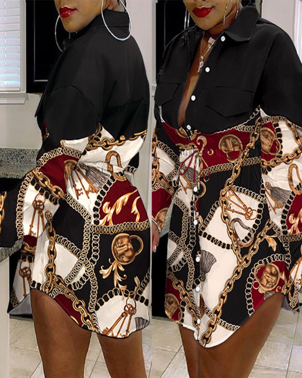 Schal-Print-Kettenknopf-Frontklappe-Detail Denim-Patch-Hemdkleid