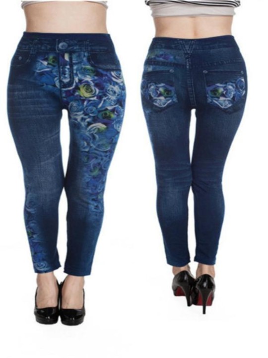 Women's Seamless Denim Look Jeans Rose Print Skinny Leggings Stretch Pants Trousers