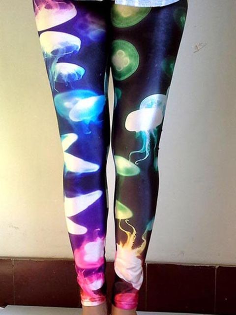 Slim Fit Digital Jellyfish impressão cintura alta Leggings lápis calças