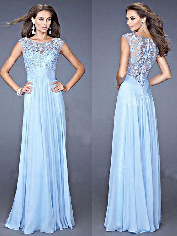 Ladys kynþokkafullur ermalaus glæsilegur blúndurháls blár grannur langur Chiffon kvöldkjóll