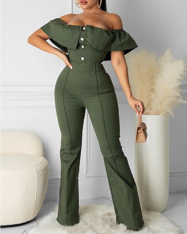 Off Shoulder Ruffle Hem Buttoned Jumpsuit