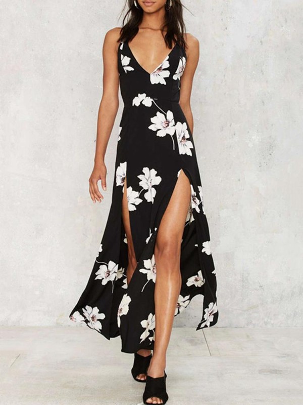 Fashion Summer Boho Style Deep V-Neck Backless Maxi Dress sans manches Cassual Beachwear Halter Dress