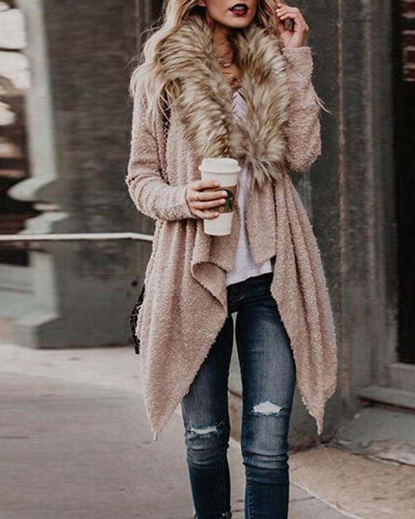 Lace-Up Faux Fur Cardigan – Vintage Slim Fit Long Sleeve Top