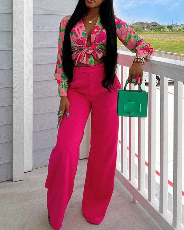 Blómprentað hnýtt uppskerutopp og venjuleg buxusett