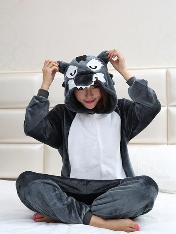 High Quality Cosplay Costumes Cartoon Grey Wolf Animal Unisex Adult Flannel Pajamas