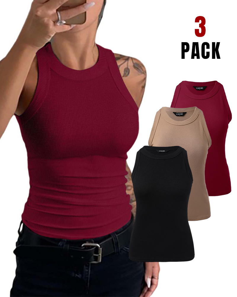 3-Pack Knit Round Neck Thick Strap Racerback Tank Tops(Without Pads)