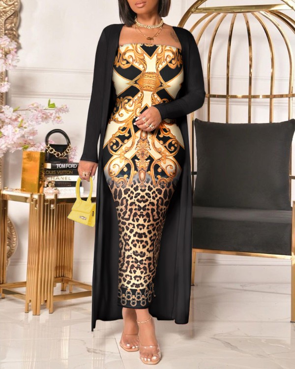 Robe colorblock à imprimé guépard côtelé avec cardigan long