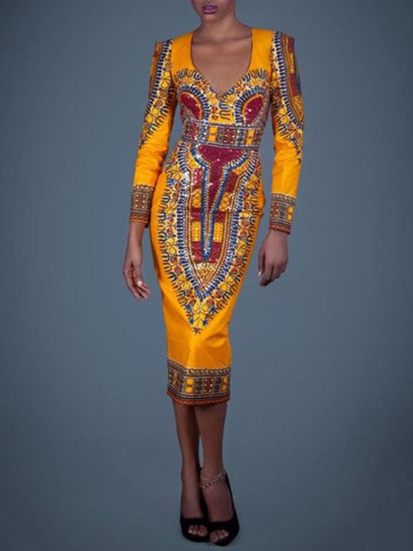 Sexig avslappnad påmtryckt V-ringad långärmad festklänning