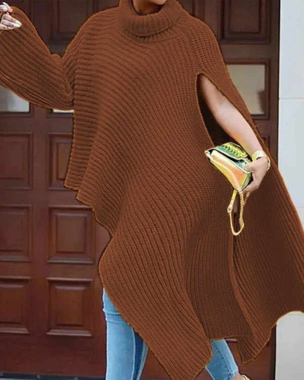 Plus Size Turtleneck Asymmetrical Hem Sweater