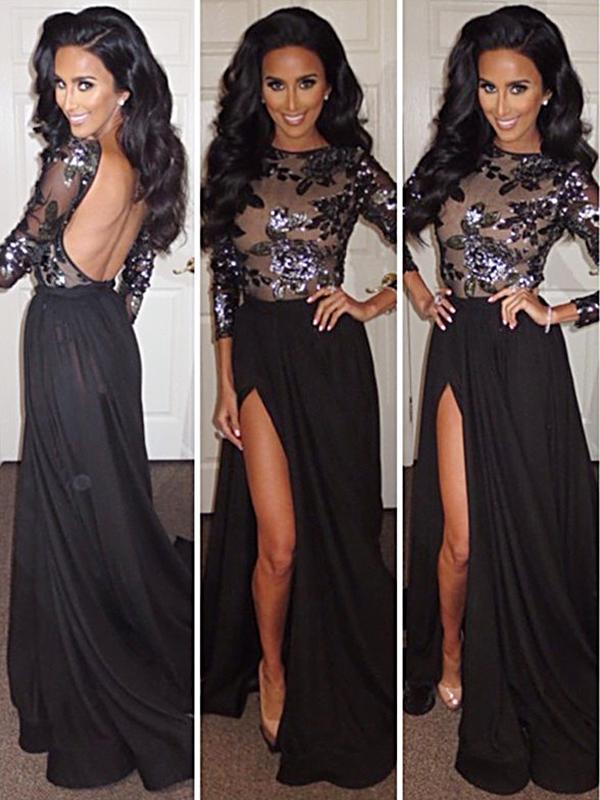 Atractivo de las mujeres Hallow Out vestido de fiesta de noche de temperamento de Sleev largo sin espalda de encaje negro