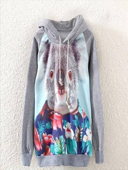 Lady&#39;s Cute Koala Printing Long Sleeve Grey Thicker Fleece Hooded Sweater Coat