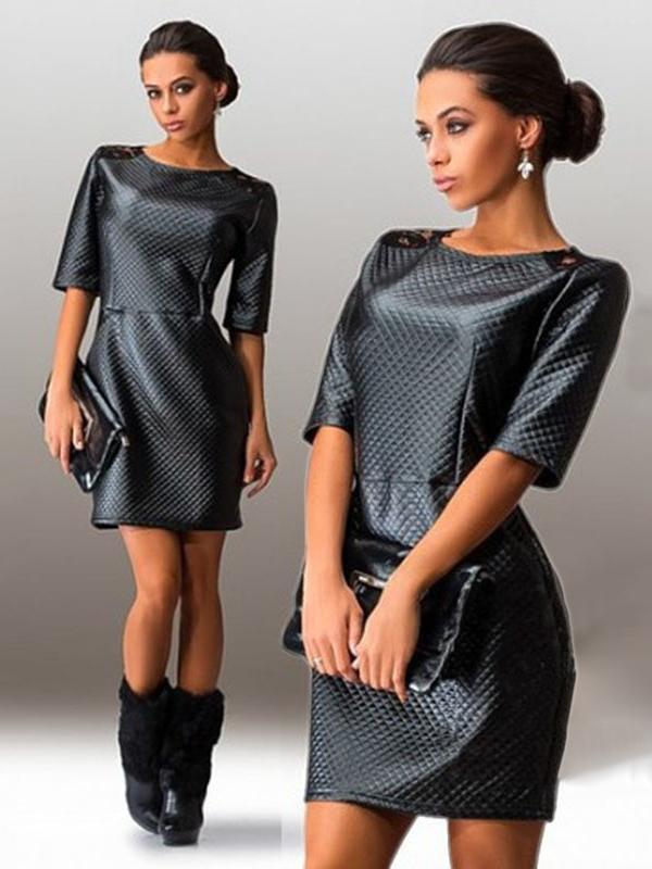 Outono Inverno Moda Feminina O Pescoço Meia Manga Não Punk PU De Malha De Couro Jacquard Vestido Pacote de Mini Vestido de Quadril