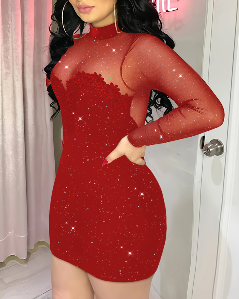Plus Size Mock Neck Long Sleeve Sheer Mesh Backless Slim Fit Bodycon Party Mini Dress