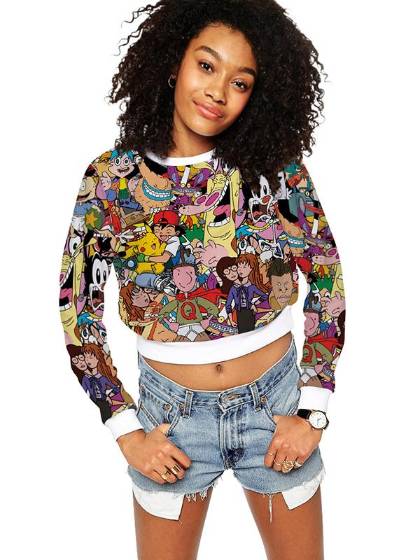 Haust tíska kvenna frjálslegur Hip Hop teiknimyndir Prenta Langerma uppskera toppur bolur íþrótta toppur