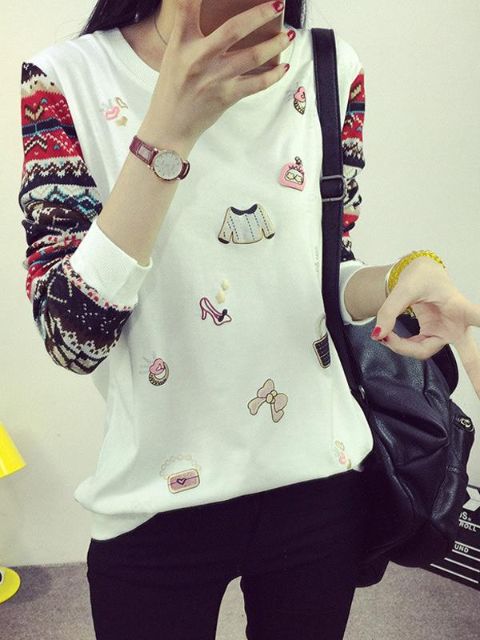 Fashion Autumn Women Stitching Floral Print Long Sleeves Sweatshirt Trendy Casual O-neck Loose Hoodies