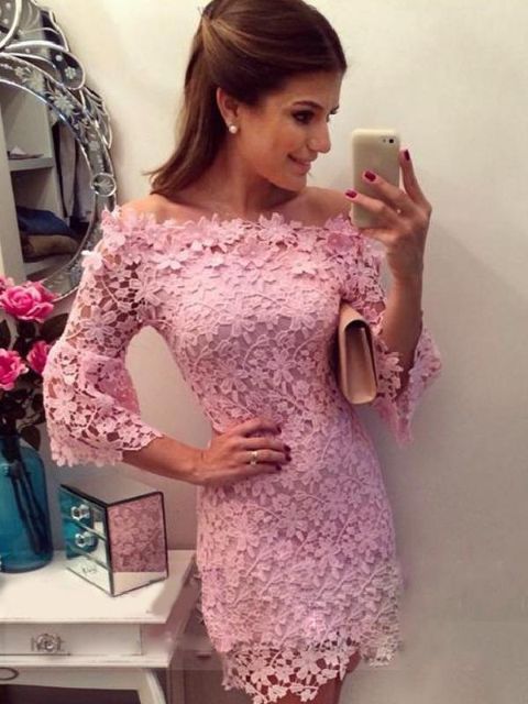 Vestido de cóctel de manga larga de crochet Hollw de encaje sexy para mujer