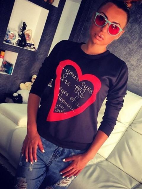 Queda Moda Simples Em Torno Do Pescoço Manga Longa Coração Impressão T-shirt Blusa Tops