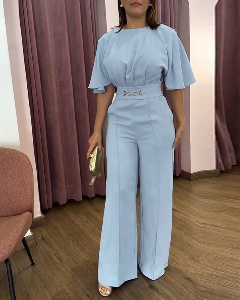 Bell Sleeve Waist Metal Chain Decor Jumpsuit Casual Wide Leg