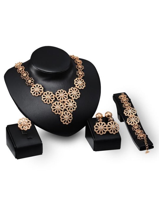 Hohe Nachahmung 18 Karat Gold Überzog Vintage Blumenmuster Braut Hochzeit Schmuck Halskette Ohrring Armband Ring Set Geschenke