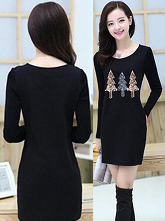 Christmas Gift Casual Women's Slim sequined Pine Pattern Winter Warm Long Sleeve T Shirt Sweater Dress