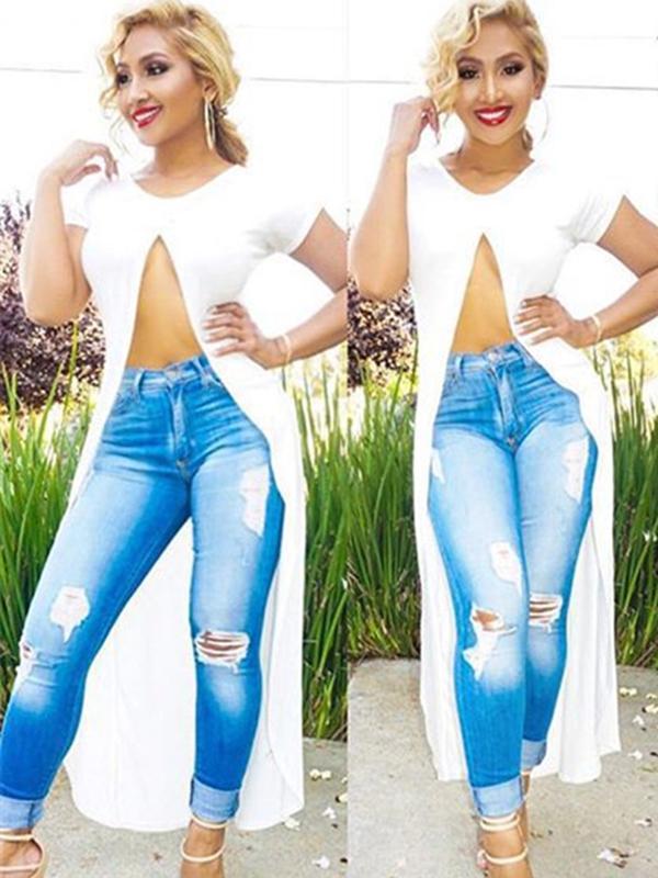 Camiseta Branca Vestido de Manga Curta Botão-up Tops Irregular Longo Sexy Vestido Casual Vestido de Festa