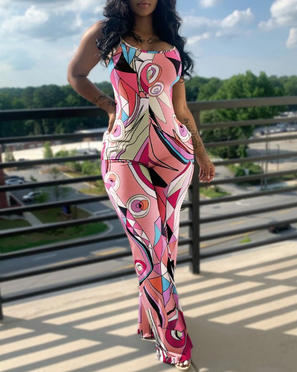 Macacão com estampa geométrica com decote em U sem mangas e bolso com design