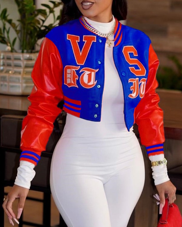 Letter Embroidery Contrast Paneled Bomber Jacket