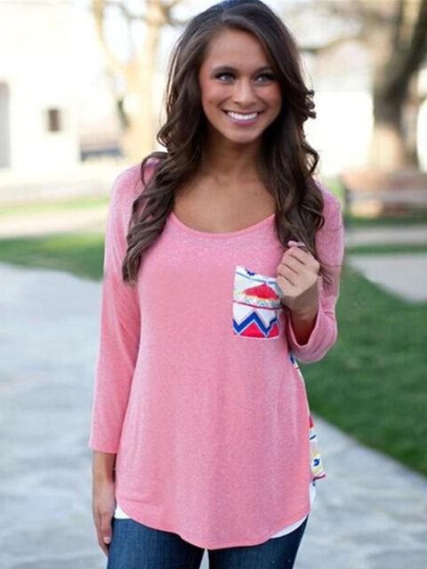 Prentvasar í plús stærð kvenna Sauma langerma stuttermabolur Crewneck Grannir frjálslegur bómullartoppar