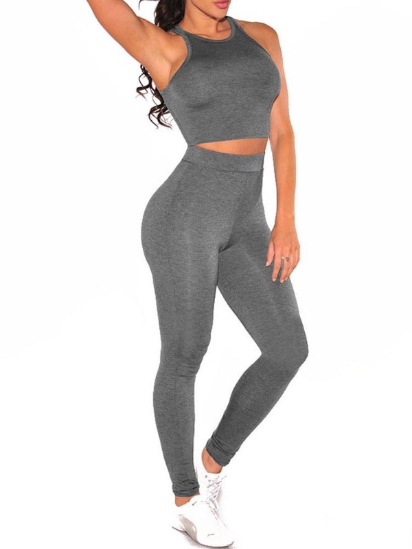 2st Enfärgad kostymuppsättning Ärmlös väst Top T-shirt Crop Top Hoodies Tight Pants Leggings