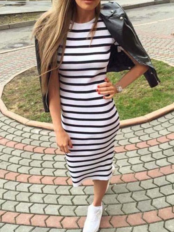 Sexig dammodell Strip Round Neck Hip Package Bodycon Dress NightClub Dress