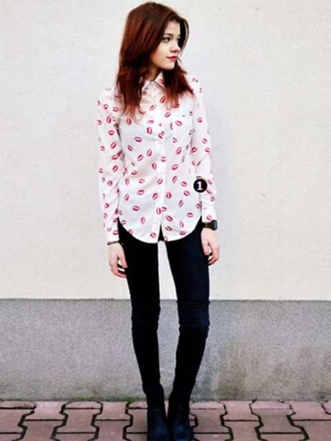 Kvenna Kiss prentuð OL skyrta blússa kraga Chiffon langerma boli