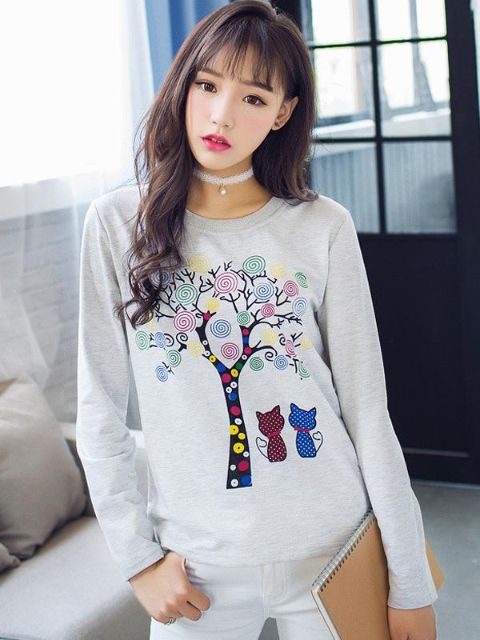 Mode Efterår Kvinder Katte Blomstret print Bodycon Plusstørrelse sweatshirt Trendy Afslappet O-hals Løse toppe &amp; T-shirts