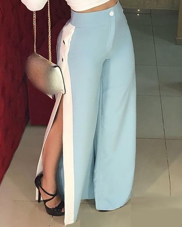 Striped Print Colorblock High Slit Pants