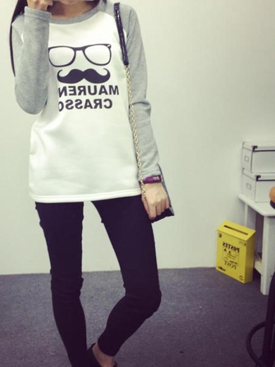 T-shirt imprimé à manches longues et col rond en coton pour femmes