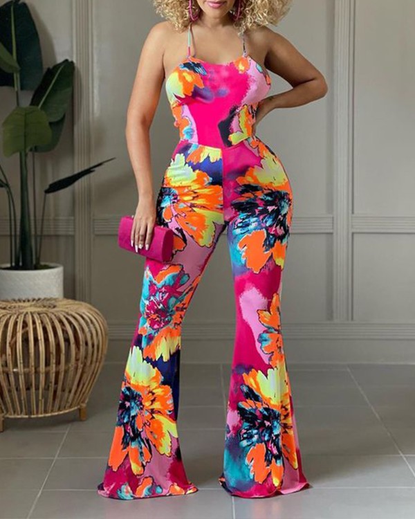 Abstract Print Flared Leg Cami Jumpsuit