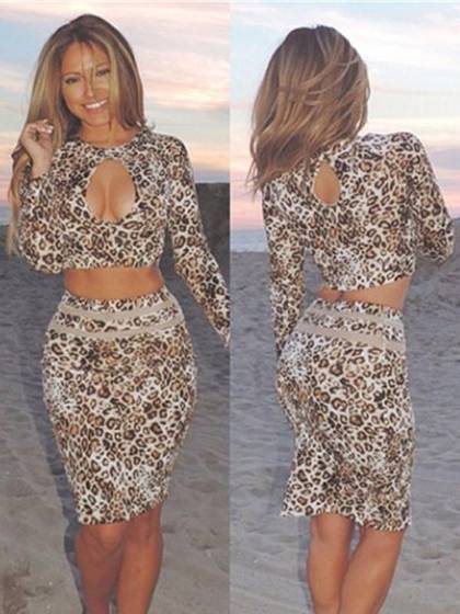 Naisten seksikäs muoti pyöreä kaula-aukko pitkähihainen ontto yläosa ohut leopardikuvioitu lyijykynähame 2kpl