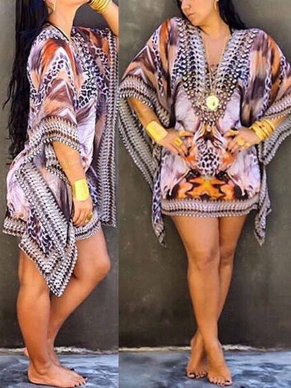 Women's Fashion V Neck Plus Size Printing Dress Casual Dresses Sexy Chiffon Dress