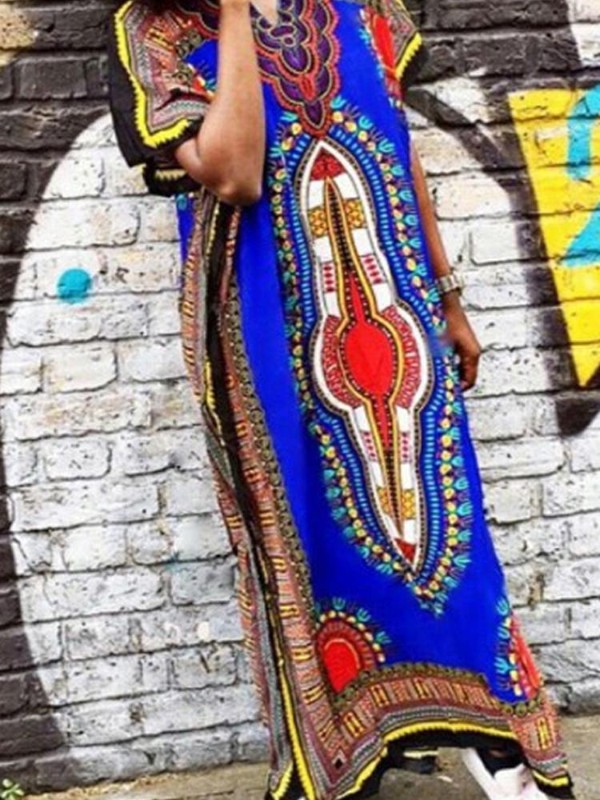 Mode Totem Tribal Dress Dashiki Casual Dress Robe Vintage à manches courtes