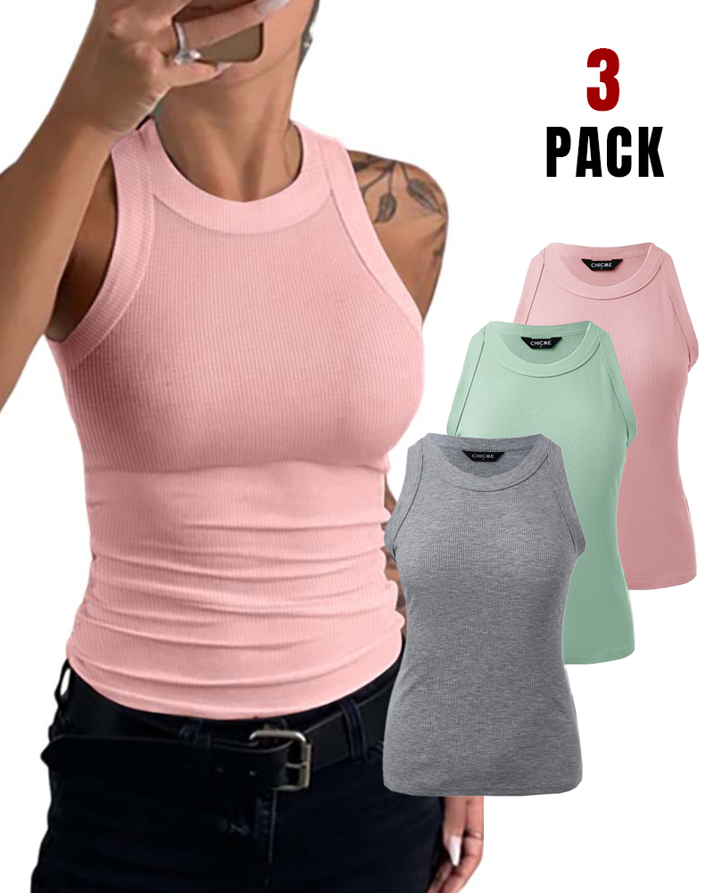 3-Pack Knit Round Neck Thick Strap Racerback Tank Tops(Without Pads)
