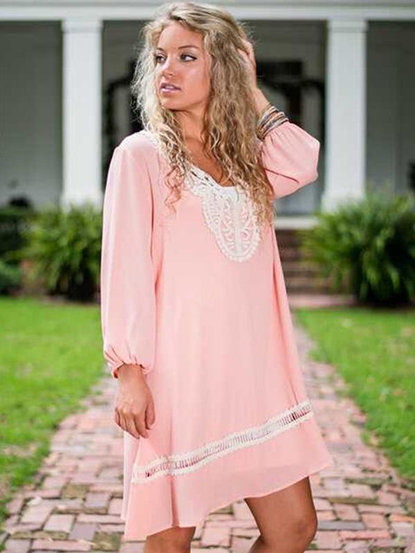 Robe d&#39;automne décontractée à manches longues en dentelle rose pour femmes