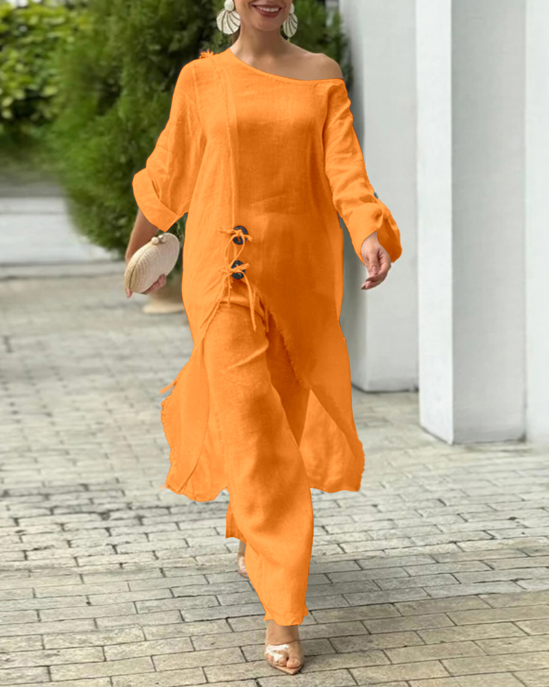 2 Pieces Outfit One Shoulder Button Decor Slit Frayed Edges Top and Casual Elastic Waist Wide Leg Pants Set