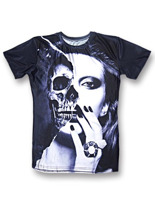 Ny mode Kvinders skønhedsskalle 3D-print T-shirt Crewneck Ung stil Casual T-shirt med korte ærmer