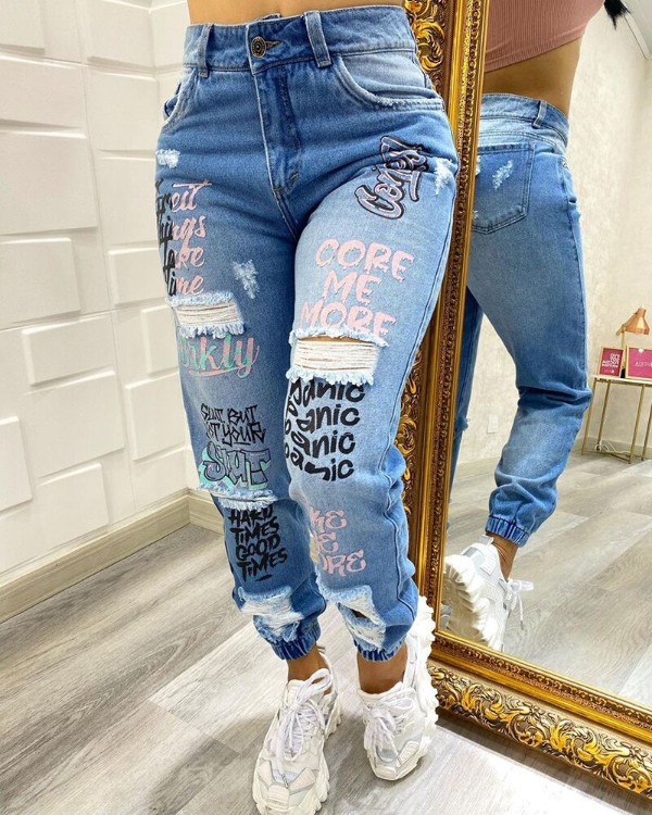 Letter Print Slant Pocket Ripped Jeans Online. Discover hottest trend fashion at cbrstyle.com